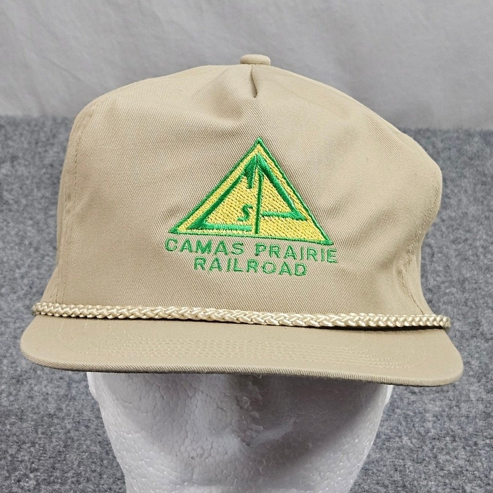 Vintage Camas Prairie Railroad Hat Tan‎ Rope Snapback Cap 80s Zipper Strap 90s